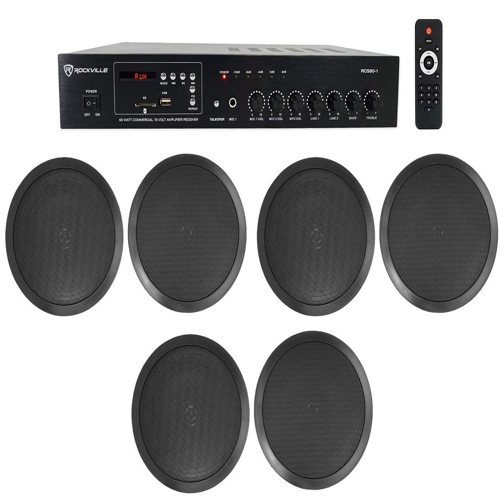 Rockville RCS80-1 Bundle: 60-Watt 70V Bluetooth Commercial Amplifier, (6) CC80T 8 in Black Ceiling Speakers for Restaurants, Bars, and Offices, 7-Items