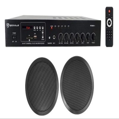 Rockville RCS80-1 Bundle: 60 Watt 70V Commercial Amplifier with Bluetooth Receiver, (2) CC80T Black 8-Inch 2-Way 70V Ceiling Speakers for Restaurant, Bar, or Office Audio Systems, 3-Items