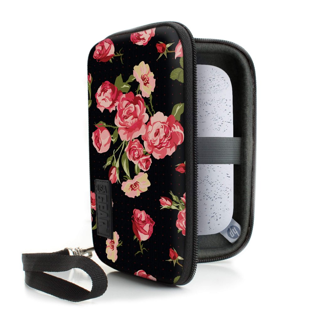 USA Gear Instant Printer Case Compatible with HP Sprocket 2x3, Instax Mini Link 2, Kodak Printomatic, Photo Paper, Cable & More - Hard Shell Portable Printer Carrying Case with Wrist Strap (Floral)