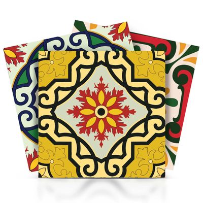 Mexican Mi Alma Tile Stickers 24pc Kitchen Backsplash Bathroom Vinyl Waterproof Peel and Stick Colored Collocation Bright Colors Modern Wall Decals Easily Removed (Happy Mexican, 4x4 inch)