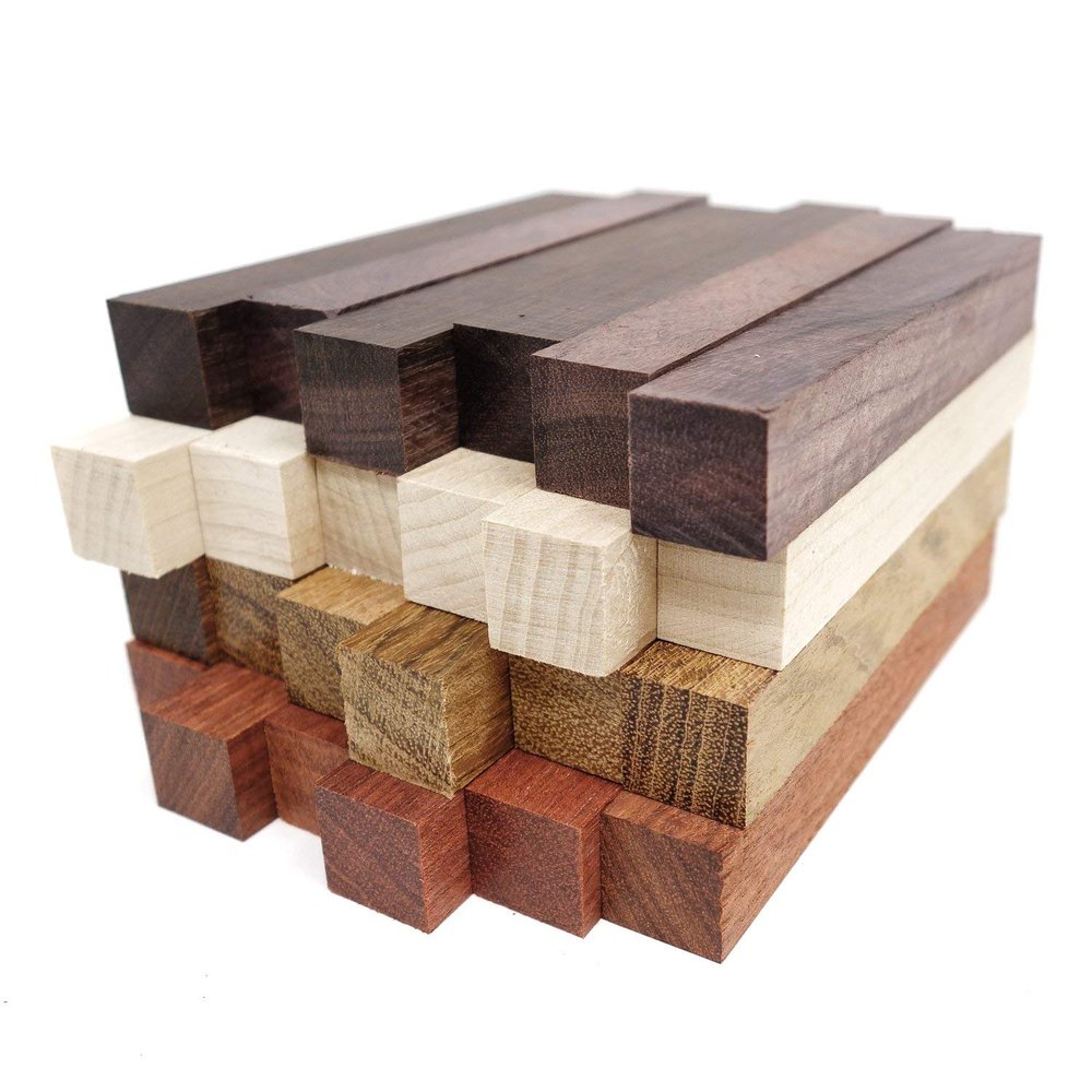 Exotic Wood Pen Blanks 24-Pack Pen Turning Supplies, DIY Pen Crafts: Bloodwood, Mexican Ebony, Jatoba, Hard Maple, 6 of Each Wood Type, 5 x 3/4 x 3/4 inches