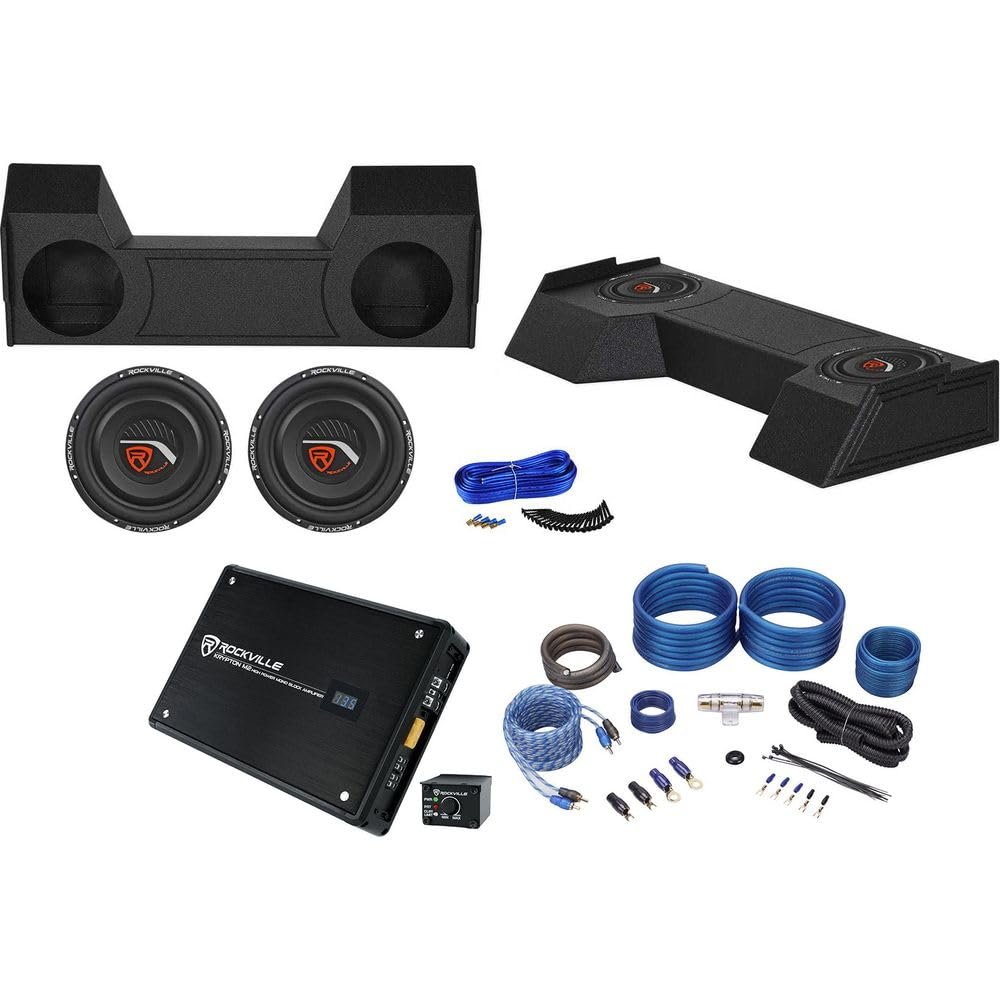 Rockville W12T4S2 Bundle: (2) 12" 2-Ohm 1400W Peak/350W RMS Car Subwoofers, Dual 12" Sub Box & Install Kit, Krypton-M2 3000W Mono Amp, RWK41 Amp Wiring Kit, for 2019-2020 Dodge Ram Crew Cab, 6-Items
