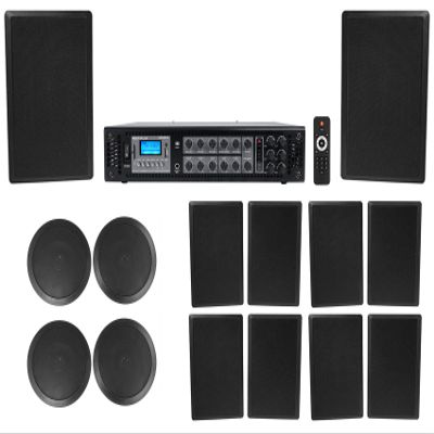 6-Zone Home Audio Receiver+(4) 6.5" Black Ceiling+(10) 5.25" Slim Wall Speakers