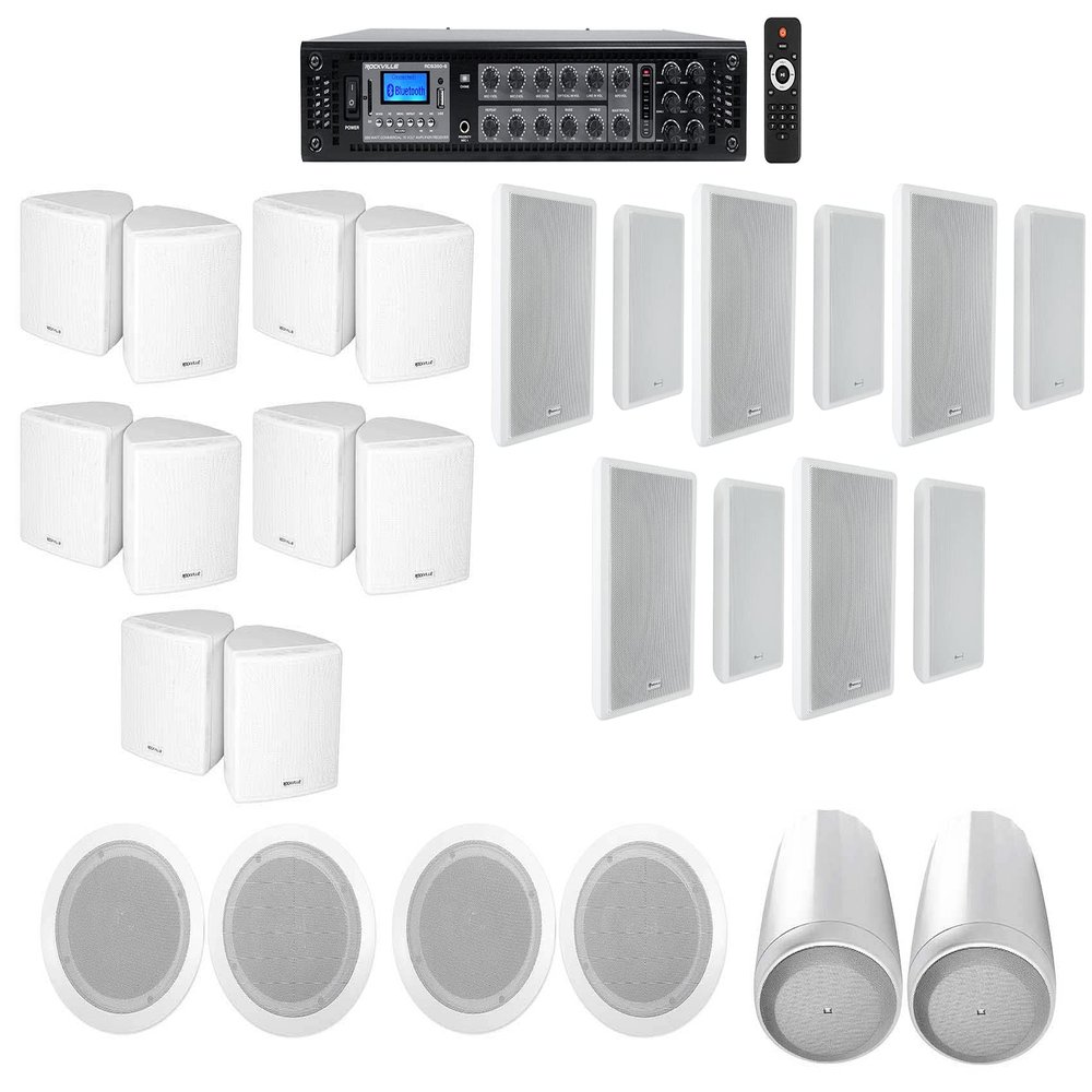 Rockville 350 Watt 6 Zone 70v Bundle with CC65T 6.5" Ceiling, 70B Black 5.25" Wall, 65P Pendant Speakers & 3.5" Wall Mount (5 Items)