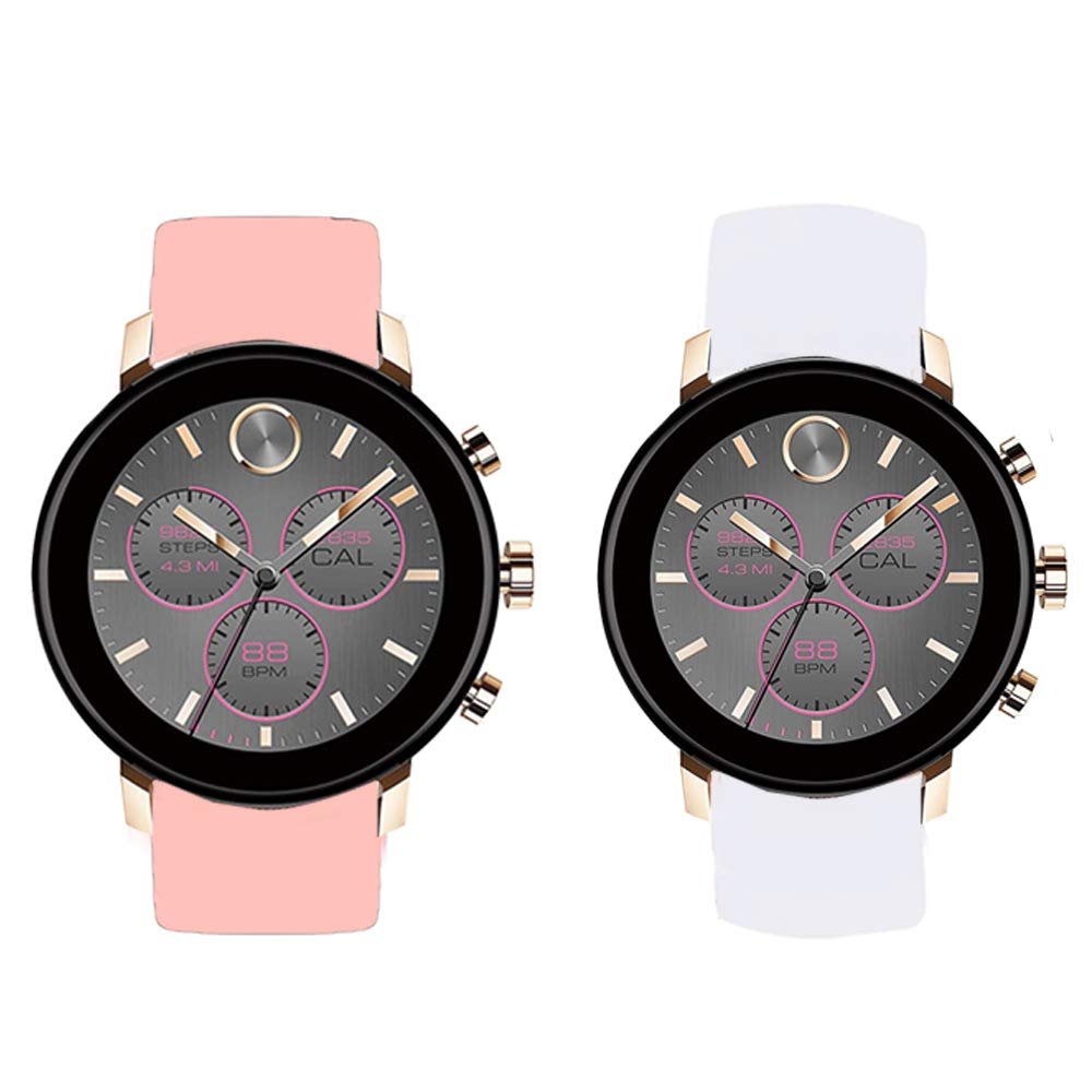 200Pcs Compatible with Movado Connect 2.0 Smartwatch Band, Blueshaw Sport Silicone Replacement Strap Compatible with Movado Connect 2.0 Smartwatch 40mm / 42mm (2 -White+Pink)
