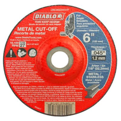 Diablo Type 27 Metal Cut-Off Disc - Superior Performance - 6" Diameter, 7/8" Arbor, 27 Hub Type, 0.045" Thickness, 10150 Max RPM - DBD060045701F
