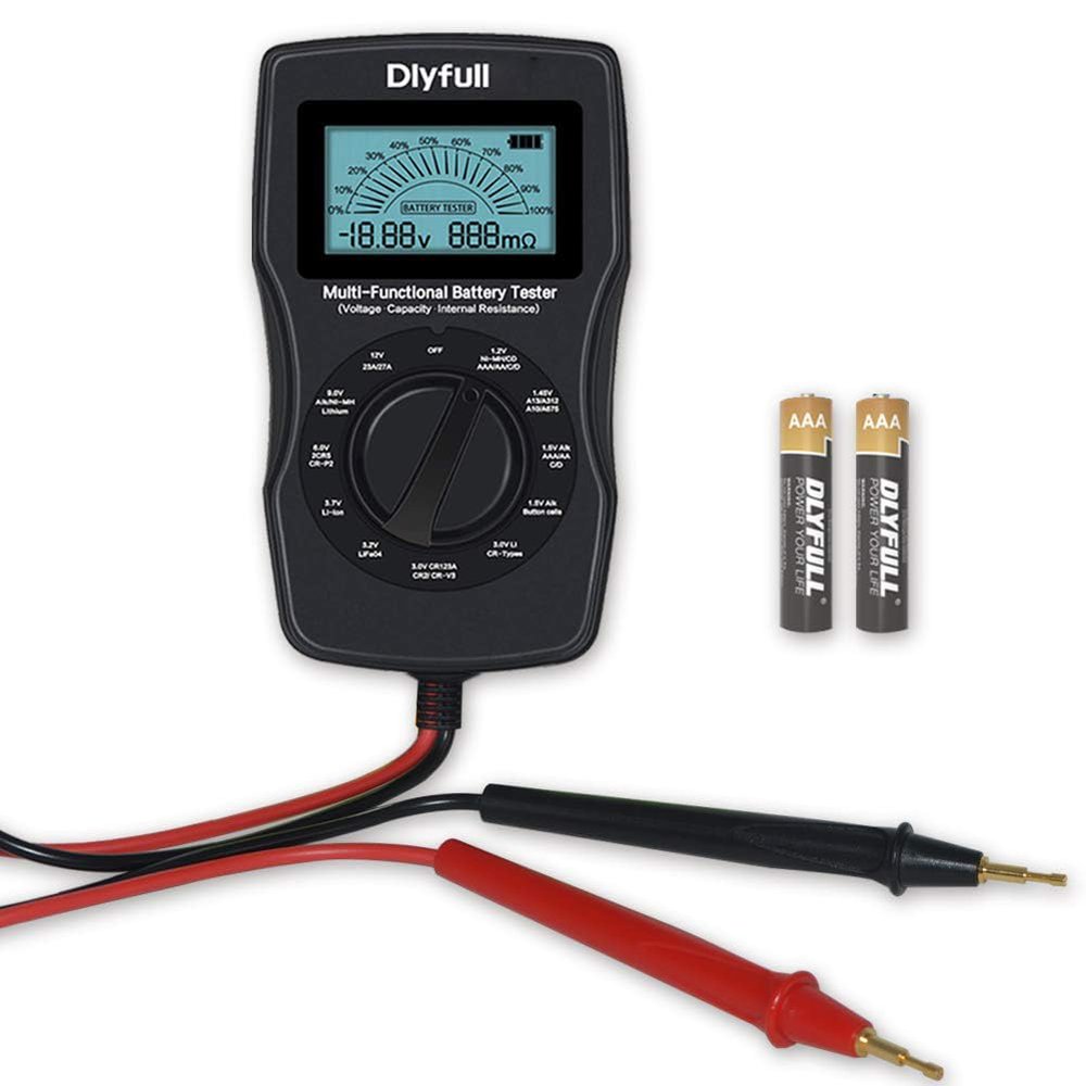 Dlyfull Universal Battery Tester with LCD Display, Small Digital Battery Voltage Resistance Checker for Ni-MH, Ni-CD, Li-ion, Alk & LiFe04 Batteries(AA AAA C D 9V 12V 18650 CR123A 2CR5 CR2032 Cells)