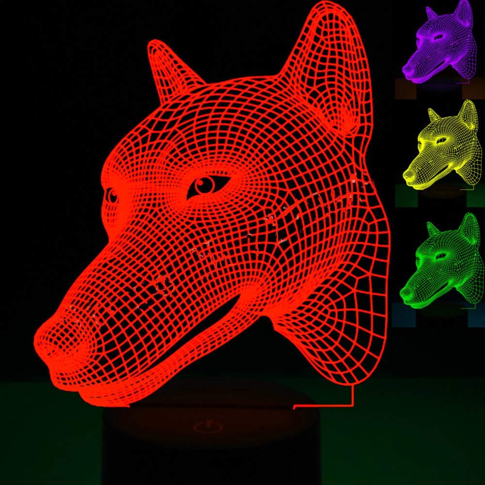 Jinnwell 3D Wolf Dog Night Light Lamp Illusion Led 7 Color Changing Touch Switch Table Desk Decoration Lamps Acrylic Flat ABS Base USB Cable Toy (Bus)