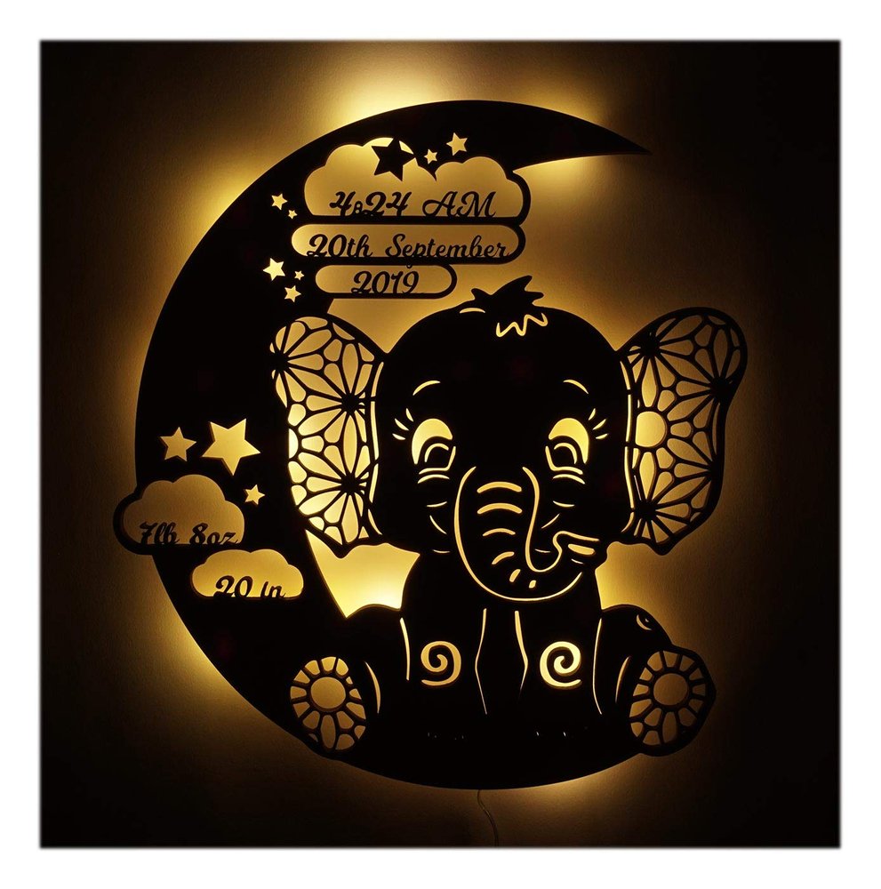 NEID Baby Elephant Gifts for Newborn, Unique Wooden Night Light Personalized - LED Wall Decor