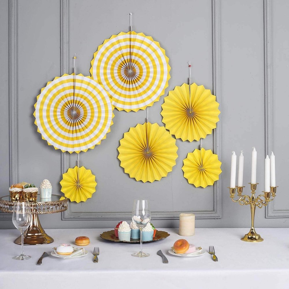 Efavormart Set of 6 Yellow Paper Fan Decorations - 8 inch Round Pleated Pinwheels for Summer Parties, Sunshine Themes and Classroom Decor