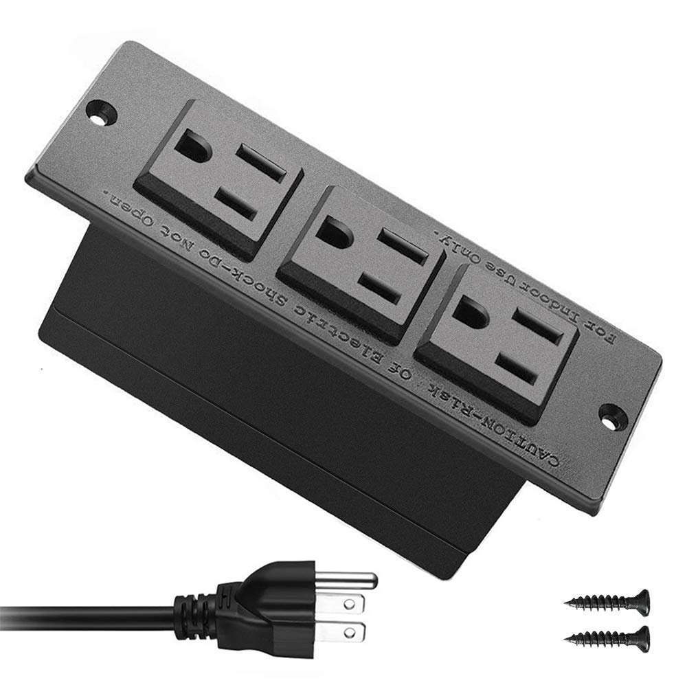 Recessed Power Strip Black Desk Mount Power Grommet Socket for Cabinet 3 AC Outlets 6.56'ft Power Cord for Counter Drawer Furniture Workbench UL ETL Certificated.