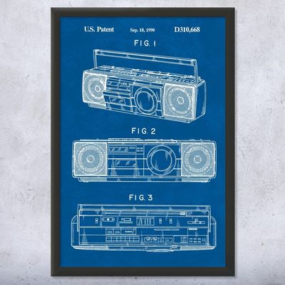 Framed Boombox Tape Player Print, Boombox Art, Radio Dj Gift, Music Art, Hip Hop Gift, Stereo Wall Art, Music Studio Art Blueprint (8x10)