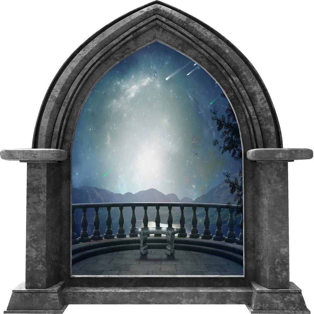 24" Castle Scape Balcony Mountain View Granite Castle Window Wall Decal Medieval Fantasy Landscape Removable Fabric Vinyl Wall Sticker Boys Room Decor