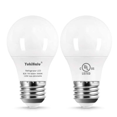 YukiHalu LED Refrigerator Light Bulb 60W Equivalent A15 Appliance Fridge Bulbs, Waterproof 600 Lumen 7W 120V Daylight 5000K E26 Medium Base, Small Size Bulb for Damp Location, Not-Dim, 2-Pack