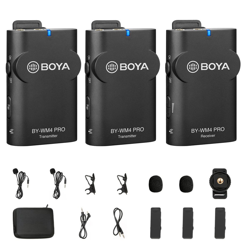 BOYA by-WM4 PRO K2 2.4GHz 2-Person Wireless Lavalier Microphone System for DLSR, Mirrorless & Video Cameras, Smartphones, Tablets, PCs and More, Black