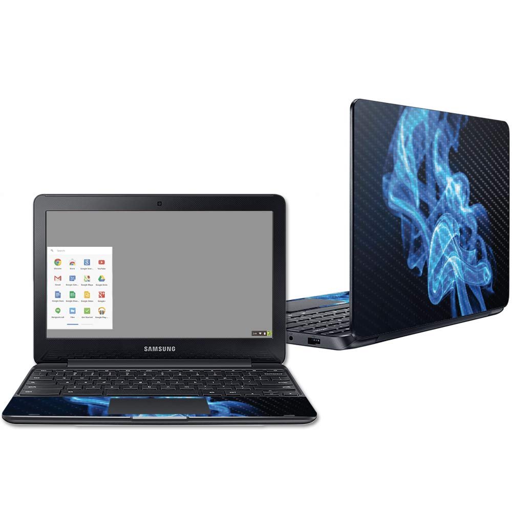 MightySkins Carbon Fiber Skin for Samsung Chromebook 3 11.6" - Blue Flames | Protective, Durable Textured Carbon Fiber Finish | Easy to Apply, Remove, and Change Styles | Made In The USA