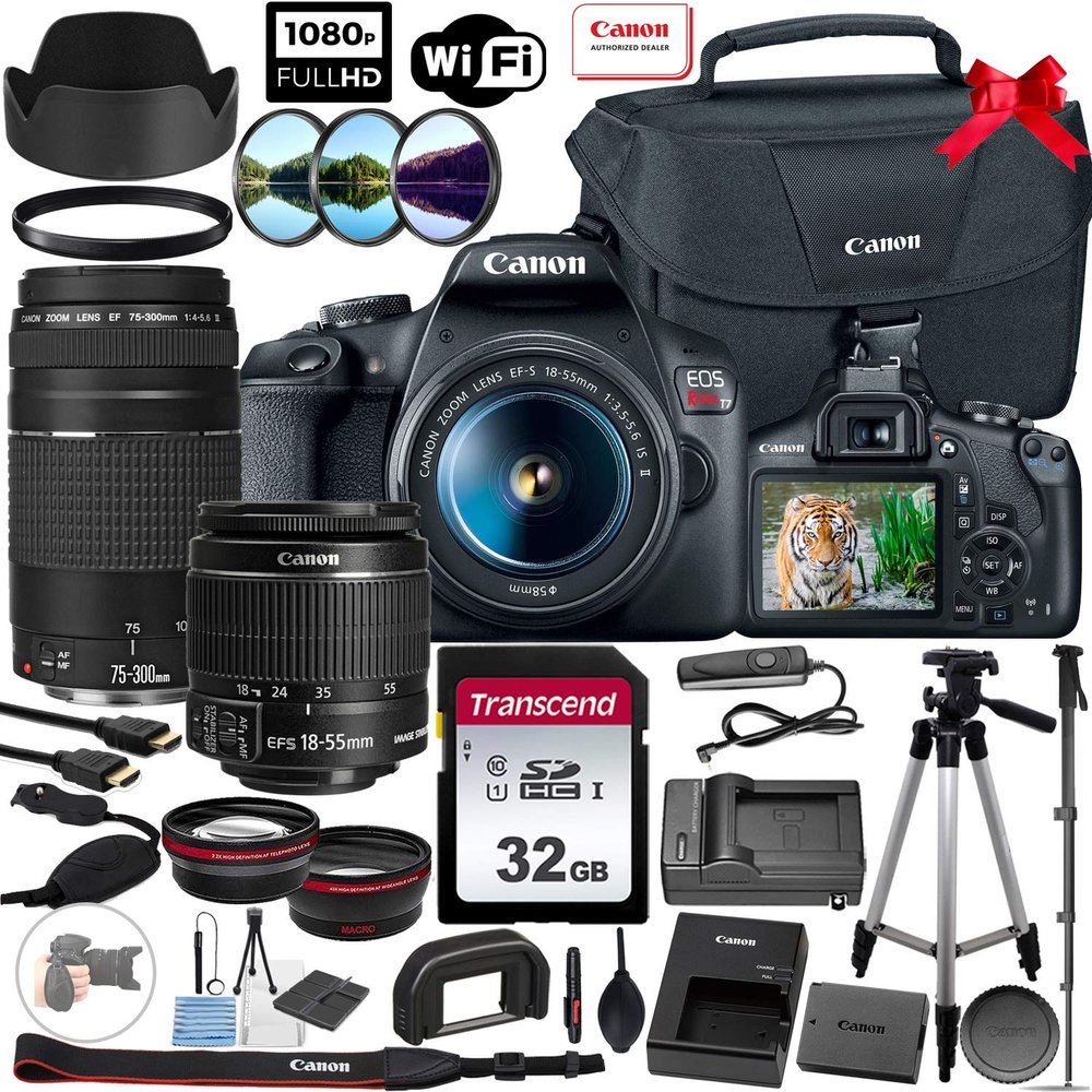 Canon EOS Rebel T7 DSLR Camera 24.1MP with 18-55mm & EF 75-300mm Lenses + Accessory Bundle: 32GB Memory Card, Canon EOS Shoulder Bag 100ES, Tripod, Monopod, Wired Remote, Grip Strap & More