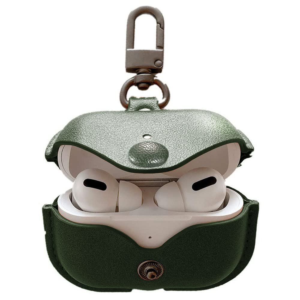 Genuine Leather Case Compatible with AirPods Pro Case 2nd/1st Gen (2023/2022/2019), VOMA Protective Cover for Apple AirPods Pro 2/Pro Wireless Charging Case with Keychain and Snap Lock Army Green