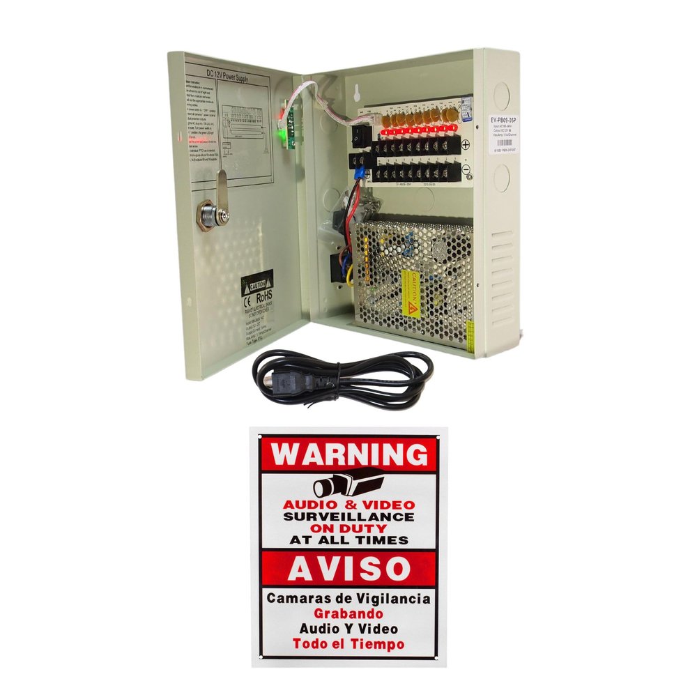 Evertech 9 Channel Power Distribution Box for Security Camera with Key Lock 12V DC 5A Ampere Auto Reset w/CCTV Sign