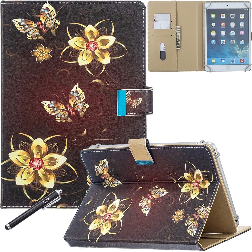 Universal Case for 7 inch Tablet, GSFY Stand Folio Protective Cover for 7.0 Inch Touchscreen Tablet with Multiple Viewing Angles Document Card Pocket, Gold