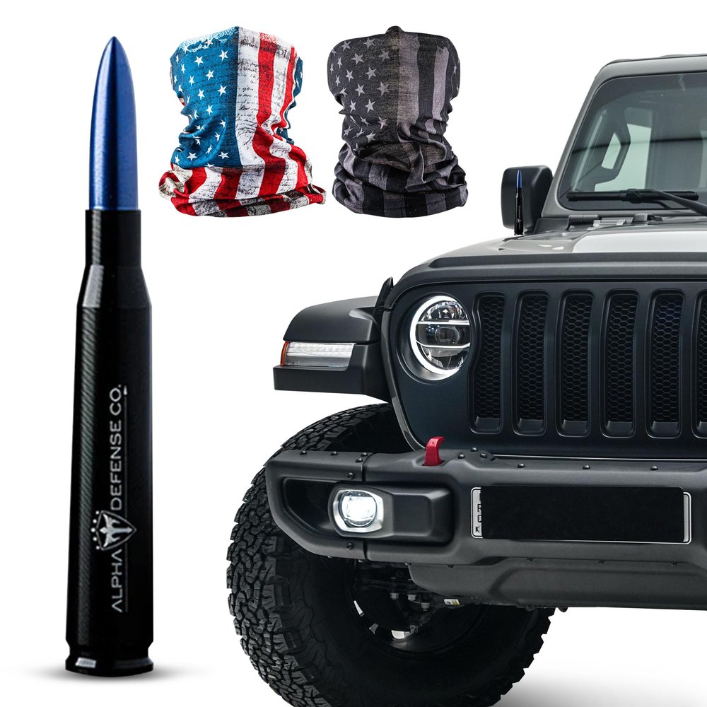 Alpha Defense Round Style Antenna 50 Cal Round Shaped Aluminum Rust Resistant 5.5" Jeep Wrangler + Most Trucks Radio Antenna + Face Shield Alpha Defense Set of 2 (Blue)