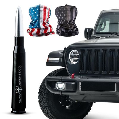 Alpha Defense Round Style Antenna 50 Cal Round Shaped Aluminum Rust Resistant 5.5" Jeep Wrangler + Most Trucks Radio Antenna + Face Shield Alpha Defense Set of 2 (Silver)