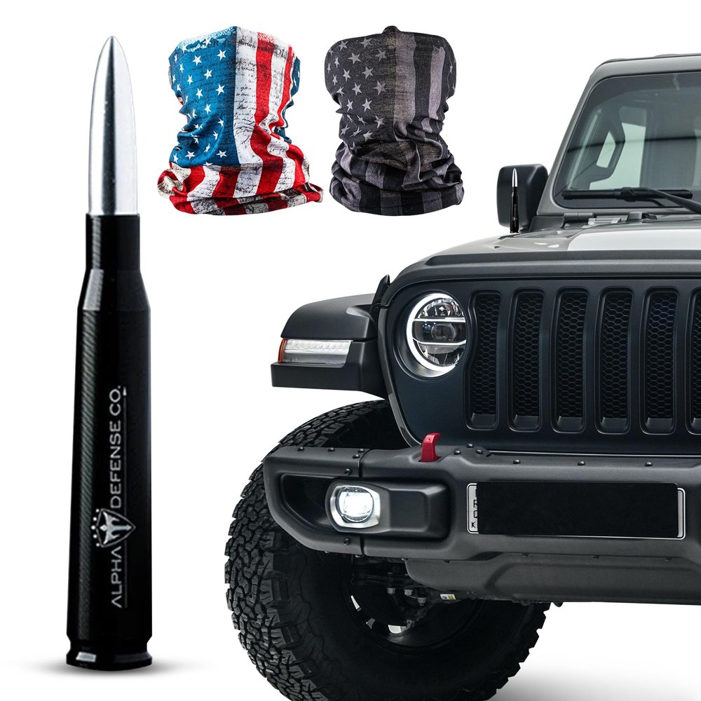 Alpha Defense Round Style Antenna 50 Cal Round Shaped Aluminum Rust Resistant 5.5" Jeep Wrangler + Most Trucks Radio Antenna + Face Shield Alpha Defense Set of 2 (Silver)