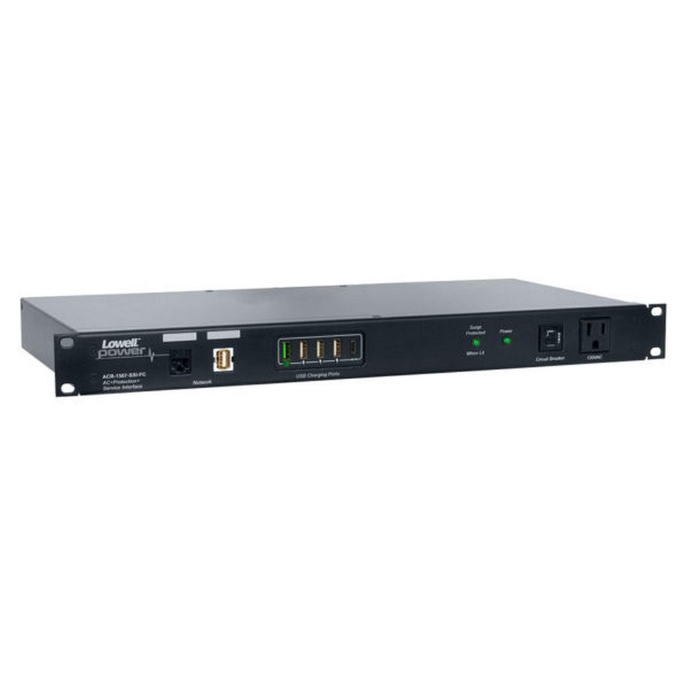 Lowell ACR-1507-SSI-FC PDU with 7 (15A) Outlets, Surge Suppression, Network Interface, Charging Ports (Front); AC Power Outlets: 7 Total (15A) NEMA Outlets, 1 Front, 6 Rear
