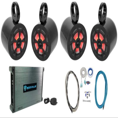 Rockville RKL65MBW Bundle: (2) 6.5 in 700-Watt Marine Speakers with LED, (2) MAC65B Wakeboard Tower Enclosures, DBM45 4-Channel 2000-Watt Peak/500-Watt RMS Amp, RMWK4 4 AWG Amp Wire Kit, 6-Items