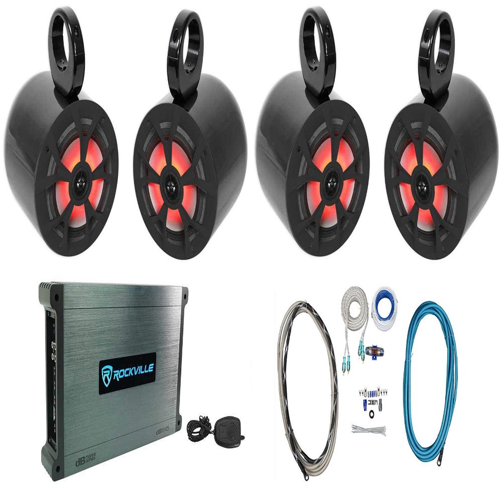 Rockville RKL65MBW Bundle: (2) 6.5 in 700-Watt Marine Speakers with LED, (2) MAC65B Wakeboard Tower Enclosures, DBM45 4-Channel 2000-Watt Peak/500-Watt RMS Amp, RMWK4 4 AWG Amp Wire Kit, 6-Items