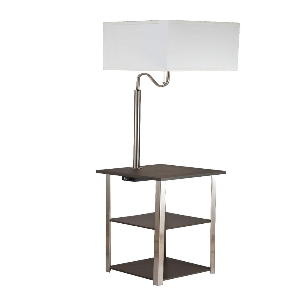 Ore International 6951ASN Dru Square Side Table Floor Lamp & Charging and USB Station, Brush Silver
