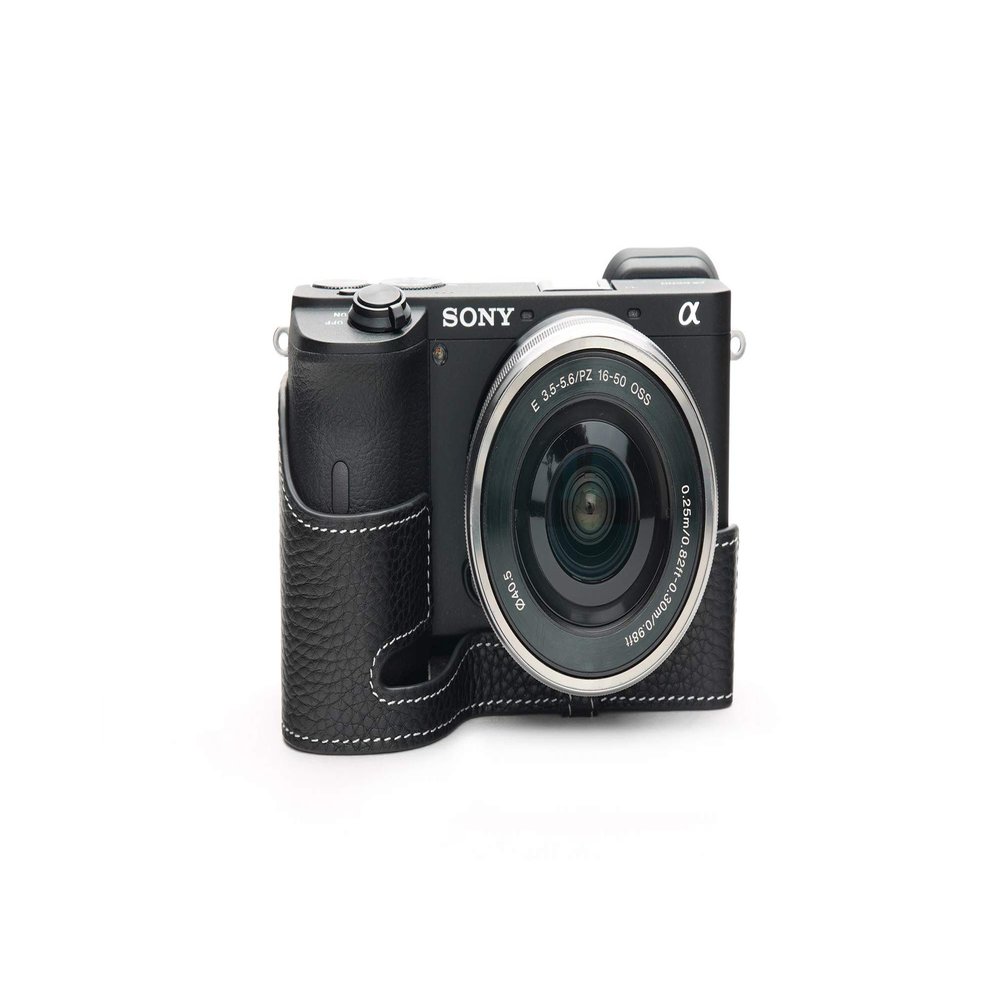 A6600 Camera Case, BolinUS Handmade Genuine Real Leather Half Camera Case Bag Cover for Sony Alpha A6600 Camera Bottom Opening Version + Hand Strap (Black)