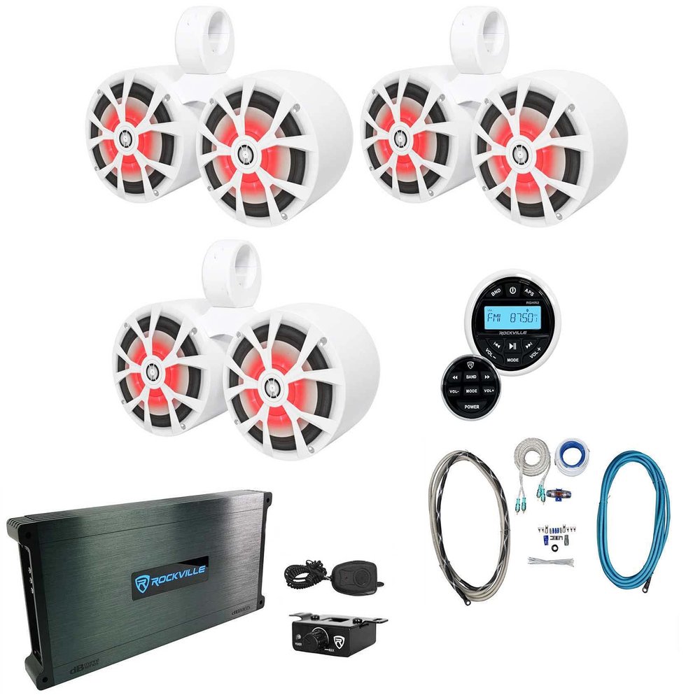 Rockville (3) RKL80MW 8" Marine Dual Wakeboard Tower LED Speakers+Amp+Receiver