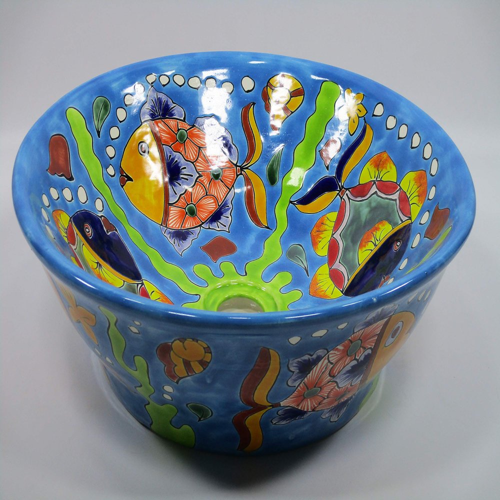 16" ROUND TALAVERA SINK ceramic bathroom vessel sink, mexican handmade folk art