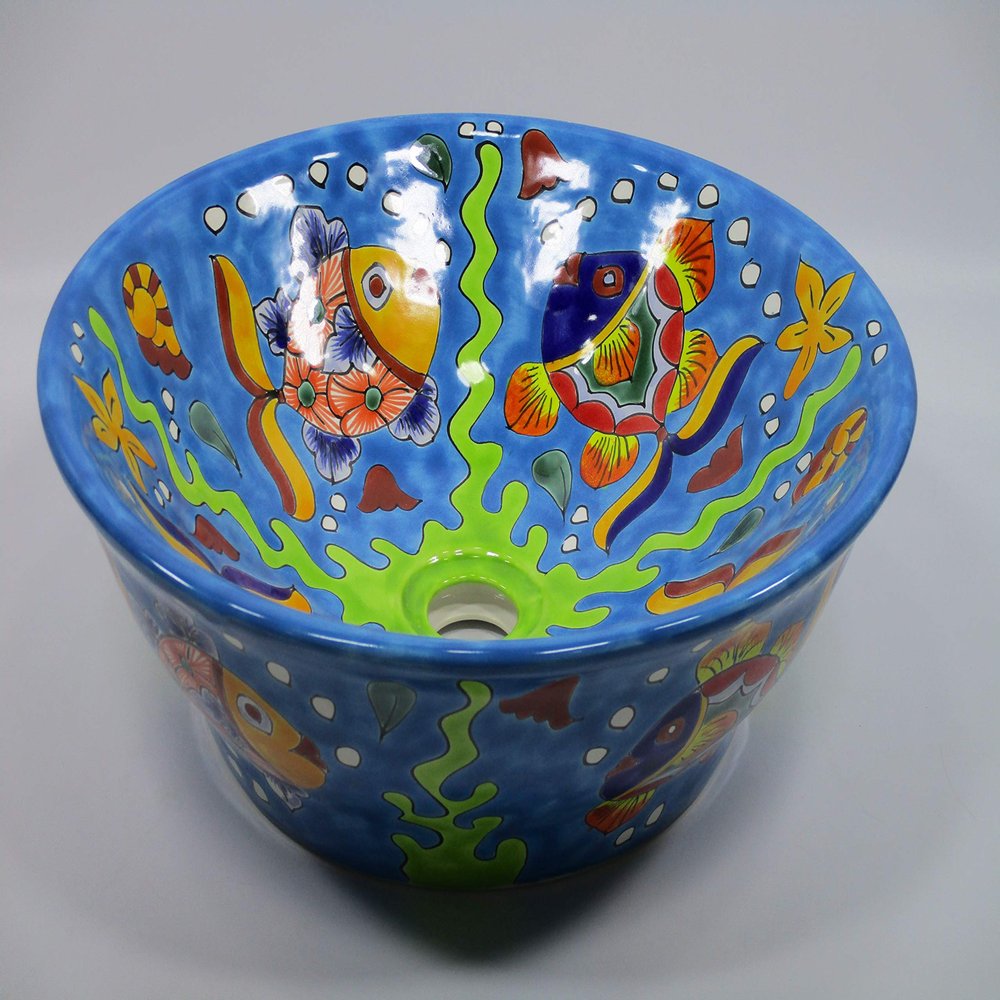 16" ROUND TALAVERA SINK ceramic bathroom vessel sink, mexican handmade folk art