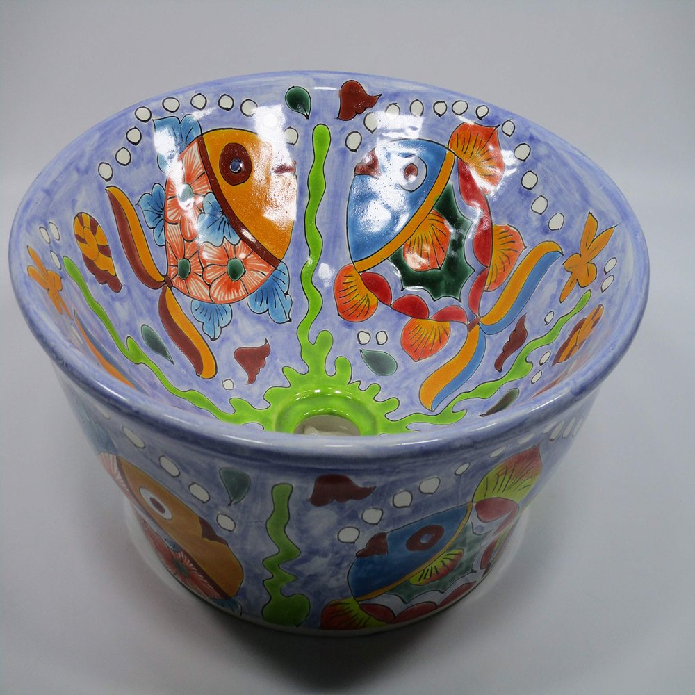 16" ROUND TALAVERA SINK ceramic bathroom vessel sink, mexican handmade folk art