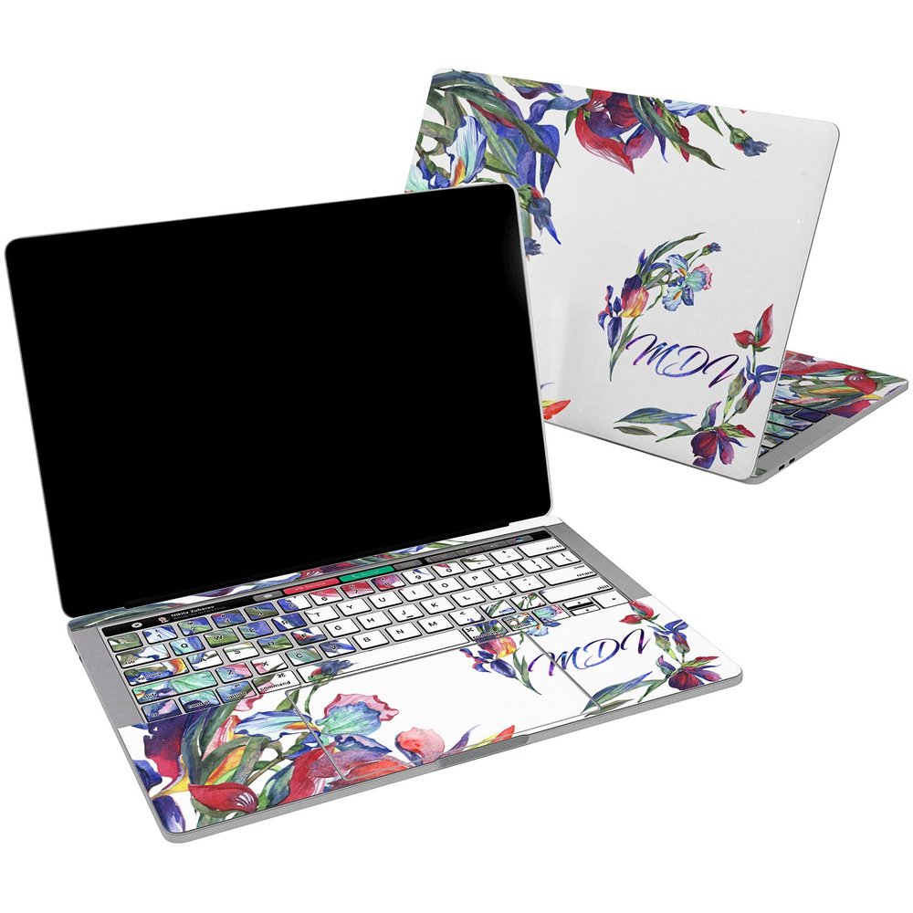 Cavka Vinyl Decal Skin Compatible for MacBook Pro 16 M3 M2 M1 14 2023 Air 15 2022 Retina 2020 Air 13 Mac 12 Design Custom Nice Print Floral Sticker Blue Name Flowers Cover Iris Laptop Monogram