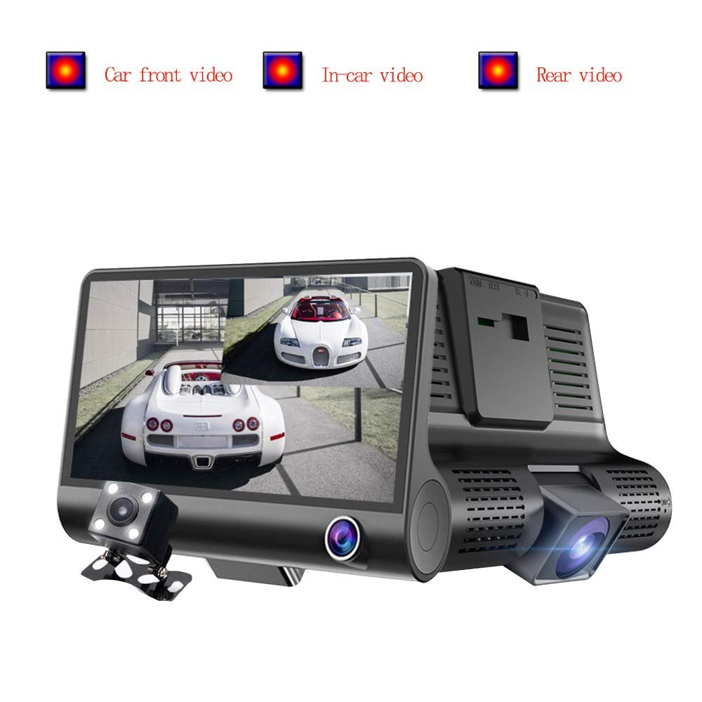 Dash Cam HD 4.0 1080P+720P Front and Rear Camera Three-Way Camera Waterproof Driving Recorder with G-Sensor Loop Recording Parking Monitor