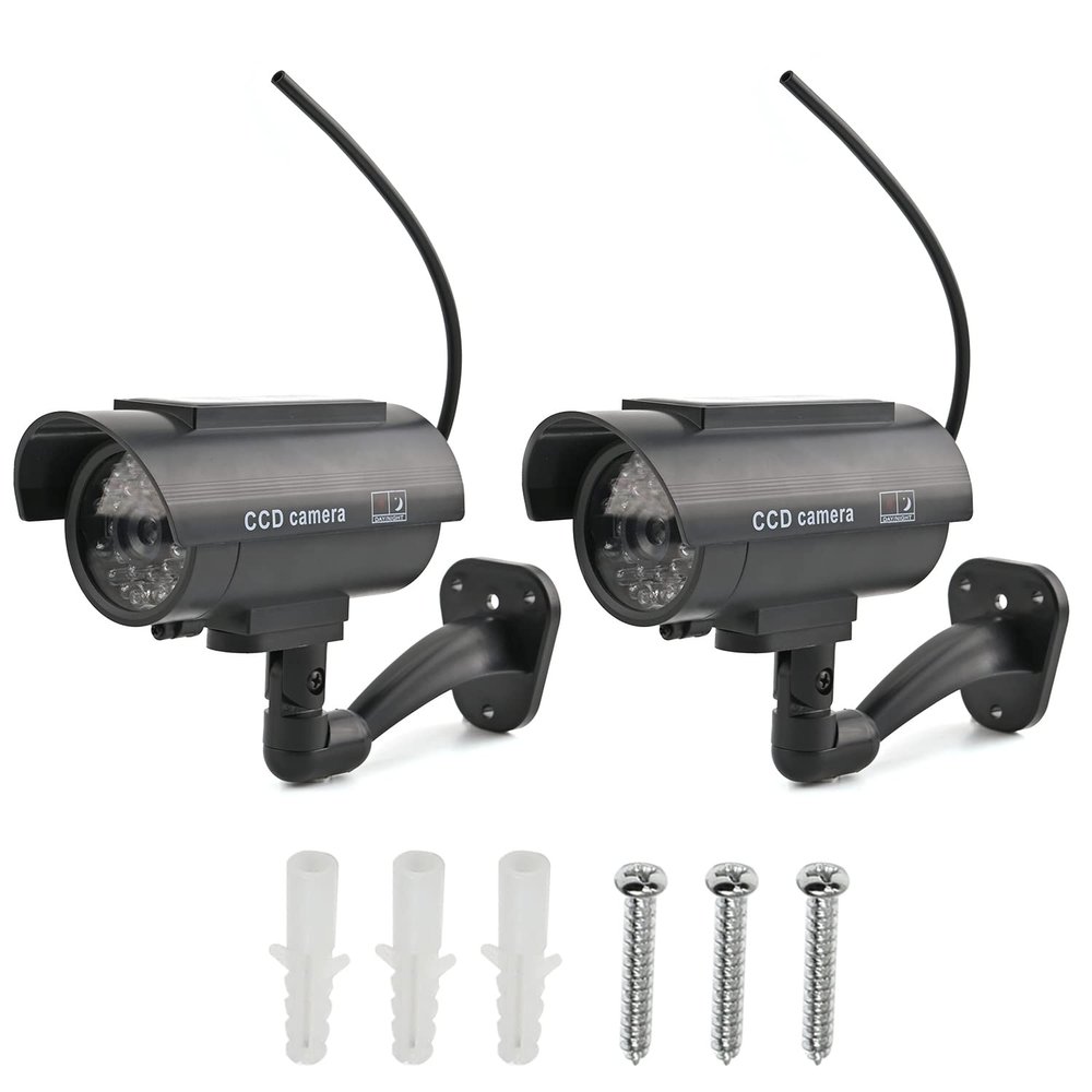 Othmro Fake Security Camera Plastic Dummy Camera CCTV Solar Powered Surveillance System for Home Outdoor Indoor Protect Your Homes,Retail Shops and Business Black 2Pcs