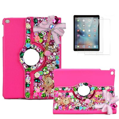 STENES Bling Case Compatible with Samsung Galaxy Tab A 10.1 2019 - Stylish - 3D Handmade Crystal Bows Pompon Pendant Elephant 360 Degree Rotating Case with Smart Cover Auto Sleep/Wake Feature - Rose