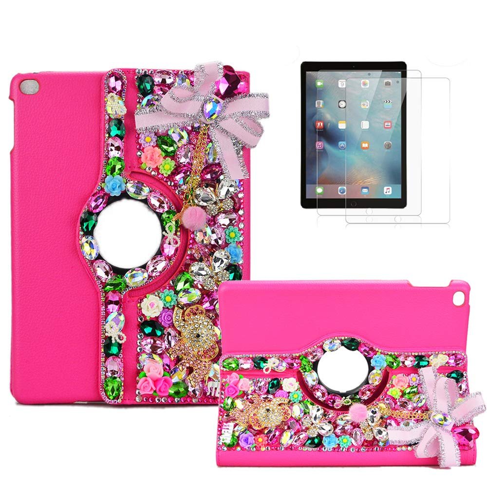 STENES Bling Case Compatible with Samsung Galaxy Tab A 10.1 2019 - Stylish - 3D Handmade Crystal Bows Pompon Pendant Elephant 360 Degree Rotating Case with Smart Cover Auto Sleep/Wake Feature - Rose