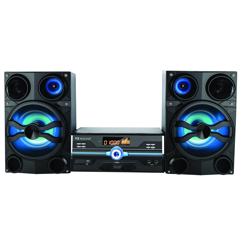 IQ Sound IQ-9000BT Premium 160W Hi-Fi Audio System with Bluetooth, DVD/CD/MP3/WMA Compatible, USB, FM Radio, LED Display, Speaker Lights, Remote Control, 2 Microphone Inputs, AV Output, AUX Input