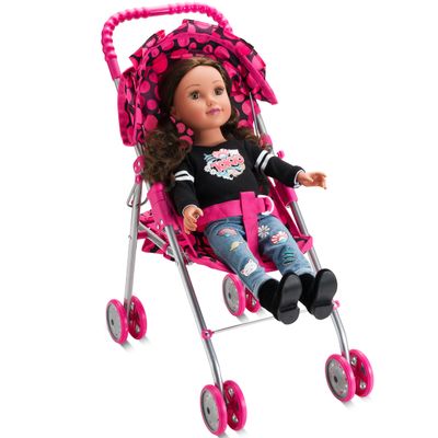 Baby Doll Strollers for Toddlers 3 Years and up, Foldable Toy Stroller for Dolls with Storage Basket & Adjustable Canopy - Pink & Black Polka Dots