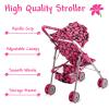 Baby Doll Strollers for Toddlers 3 Years and up, Foldable Toy Stroller for Dolls with Storage Basket & Adjustable Canopy - Pink & Black Polka Dots view 4