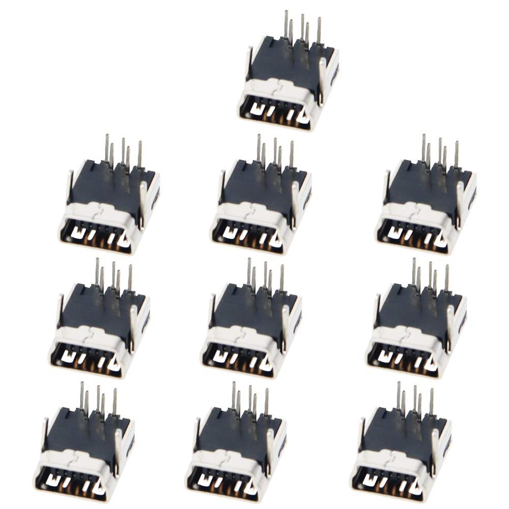 Fielect 10Pcs Mini USB-5P Female Socket Jack Connector 5 Pin 90 Degree Straight Insert PCB Connector, Repair Replacement Adapter