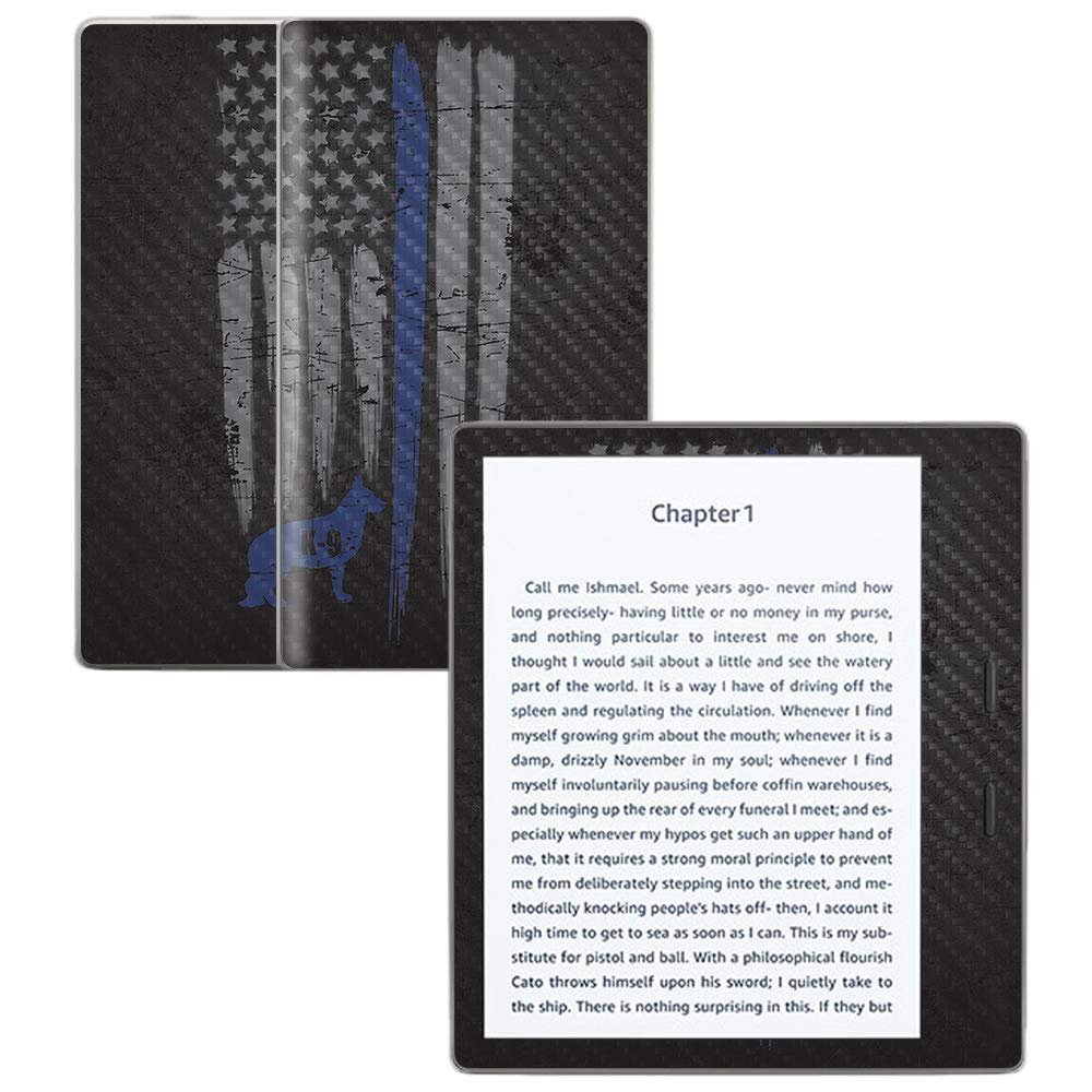 MightySkins Carbon Fiber Skin for Amazon Kindle Oasis 7" (9th Gen) - Thin Blue Line K9 | Protective, Durable Textured Carbon Fiber Finish | Easy to Apply, Remove, and Change Styles | Made in The USA