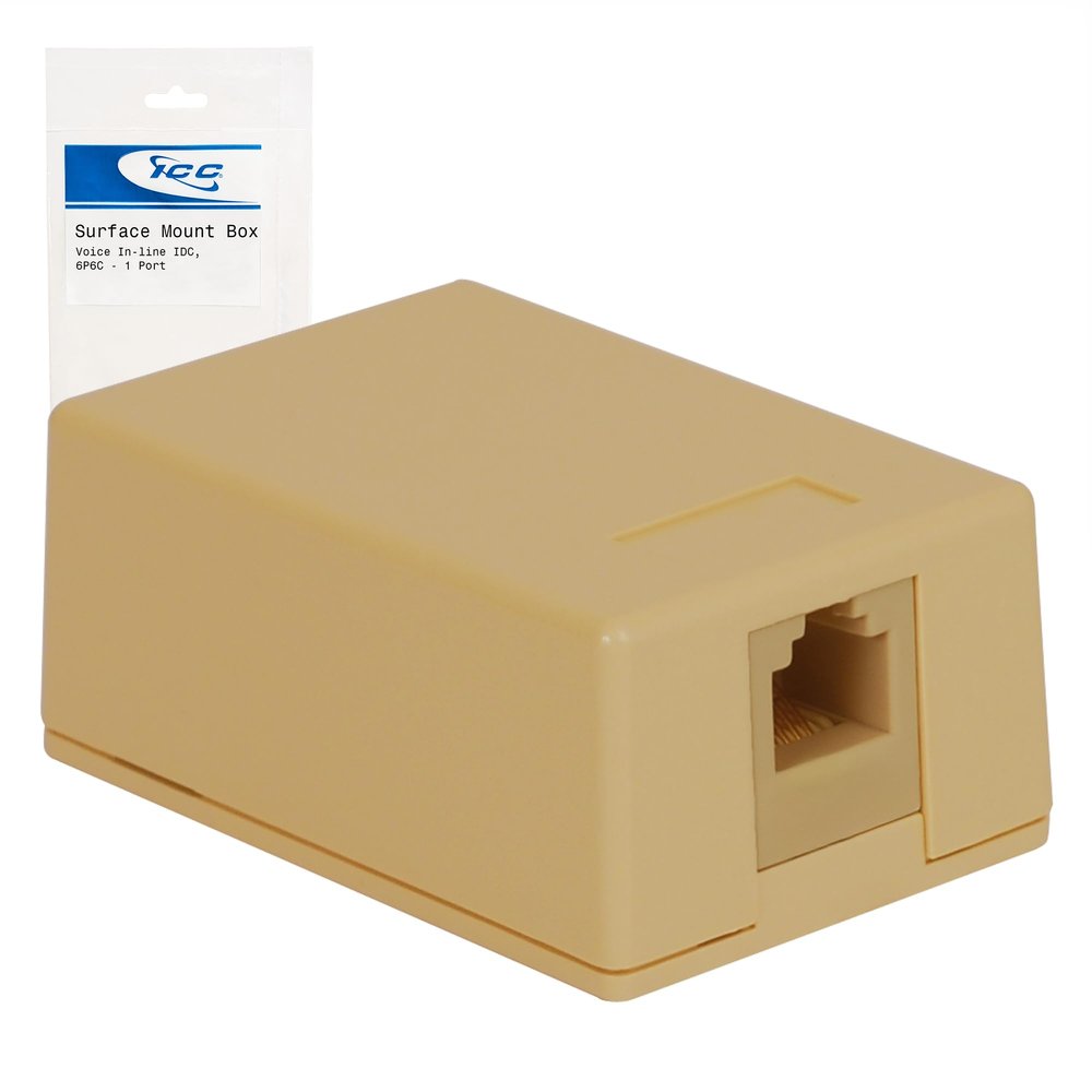 ICC 1-Port Surface Mount Box with 6P6C Voice Keystone Jack, EZ IDC Telephone Jack Box for RJ11 and RJ12 Cabling, Ivory