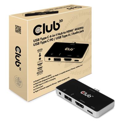 Club 3D USB Typ C 4-in-1 Hub auf HDMI 4K60Hz USB Typ C PD/USB Typ A/Audio Buchse