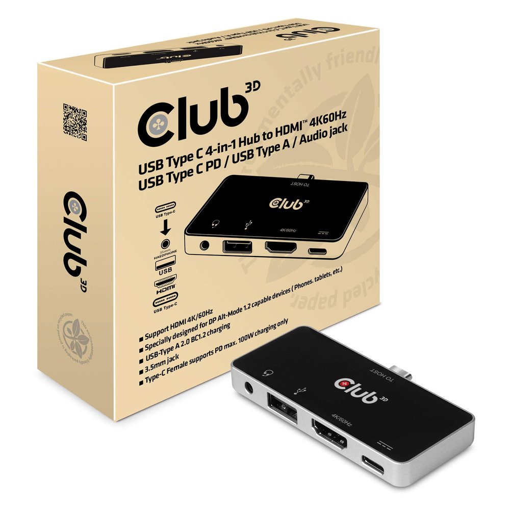 Club 3D USB Typ C 4-in-1 Hub auf HDMI 4K60Hz USB Typ C PD/USB Typ A/Audio Buchse