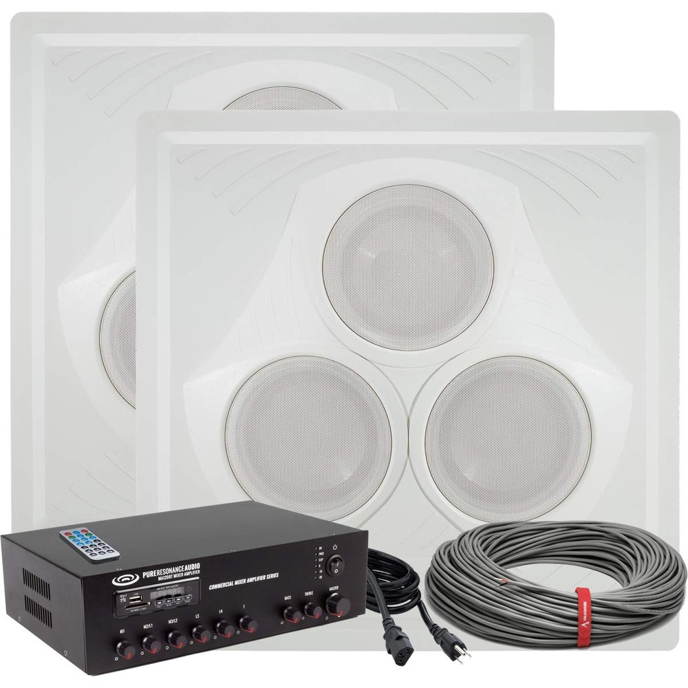 Pure Resonance Audio Commercial Sound System Bundle w VCA8 Vector Drop Tile Ceiling Speakers, MA120BT 120 Watt Bluetooth Mixer Amplifier and Speaker Wire (2 Speakers)